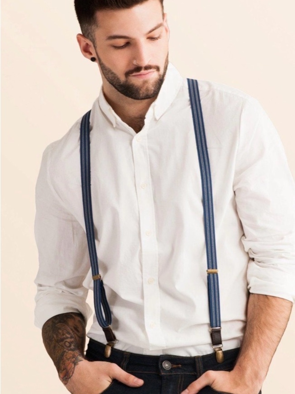 JJ Suspenders Skinny Navy Blue Pin Striped Suspenders NEW